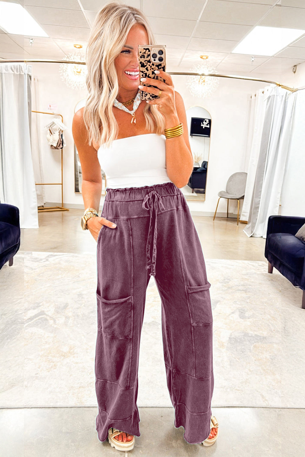 Mineral Wash Knot High Waist Raw Hem Pants -2 COLOR OPTIONS