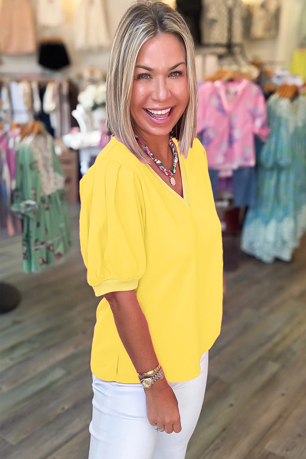 Solid Color V Neck Short Puff Sleeve Blouse -4 COLOR OPTIONS