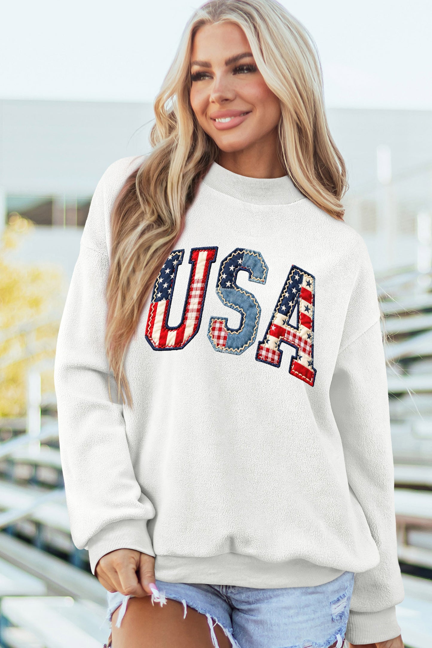 Patchwork Print USA Flag Double Side Printed Reversible Sweatshirt