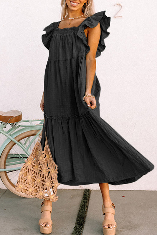 Ruffled Flutter Sleeve Square Neck Textured Tiered Maxi Dress -3 COLOR OPTIONS