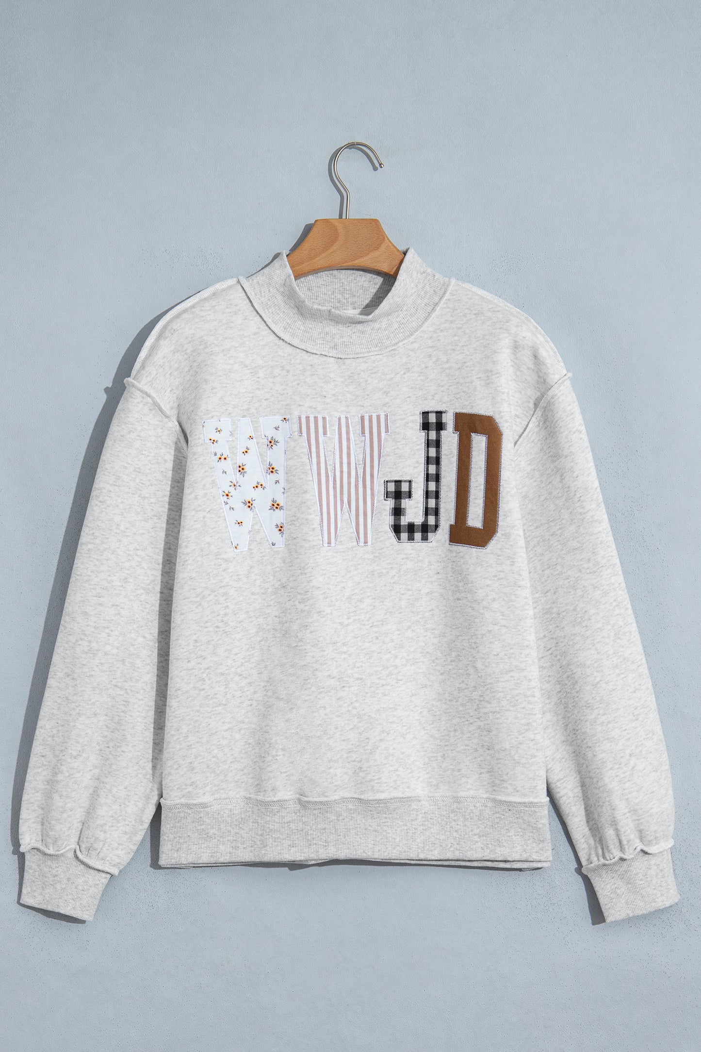 WWJD Mixed Pattern Embroidered Patch Graphic Mock Neck Sweatshirt -3 COLOR OPTIONS