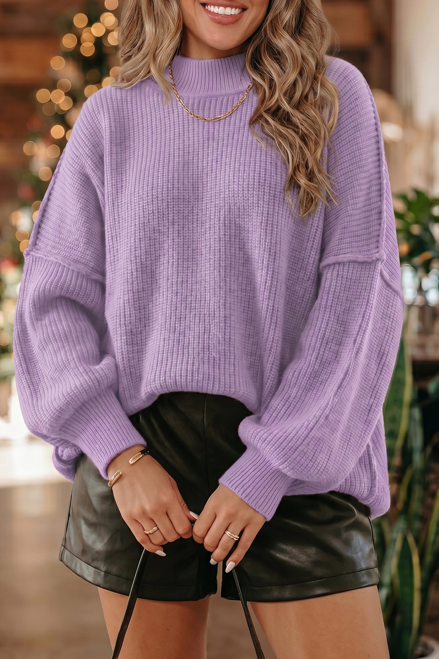 Long Sleeve Ribbed Knit Stand Neck Regular Fit Sweater -3 COLOR OPTIONS