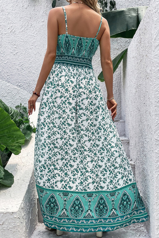 Green Boho Floral Print Shirred Cami Maxi Dress