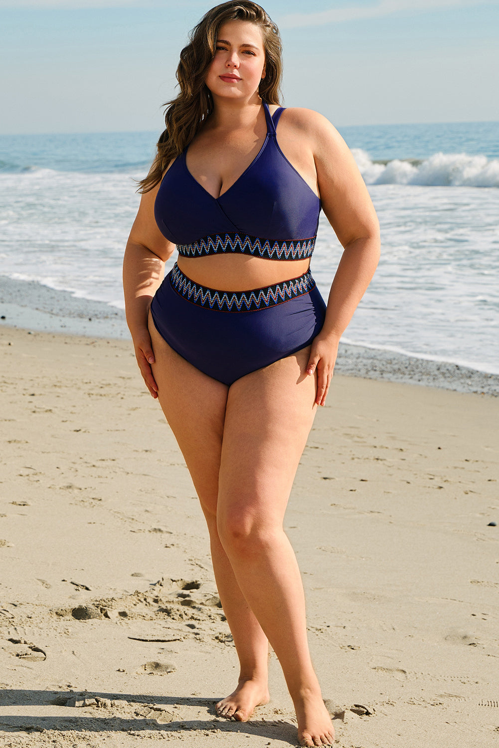 PLUS SIZE Navy Blue Embroidered Trim Wrap Tie Knot High Waisted Bikini Set