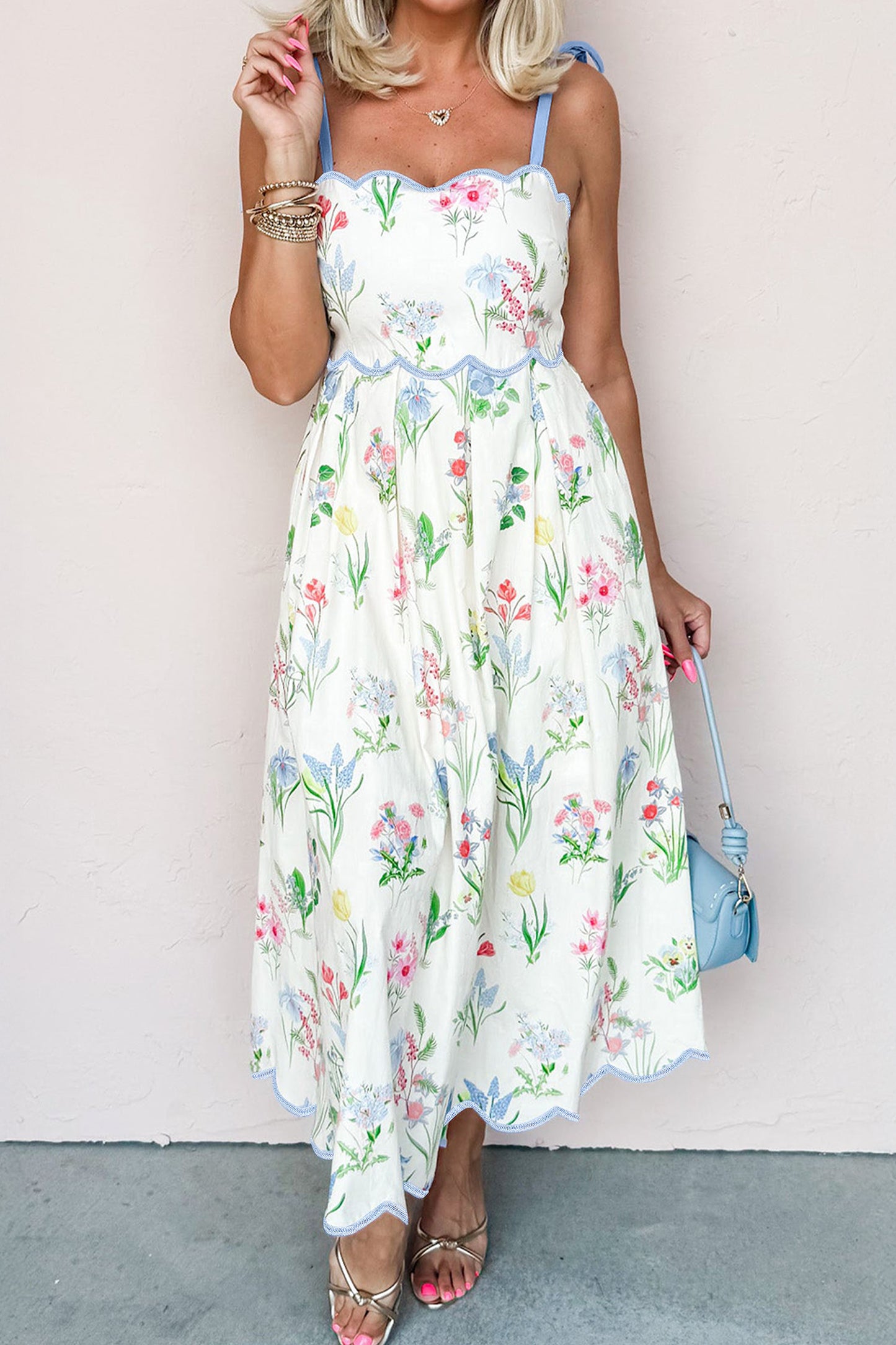 Floral Print Contrast Trim Self-tie Straps High Waist Midi Dress -3 COLOR OPTIONS