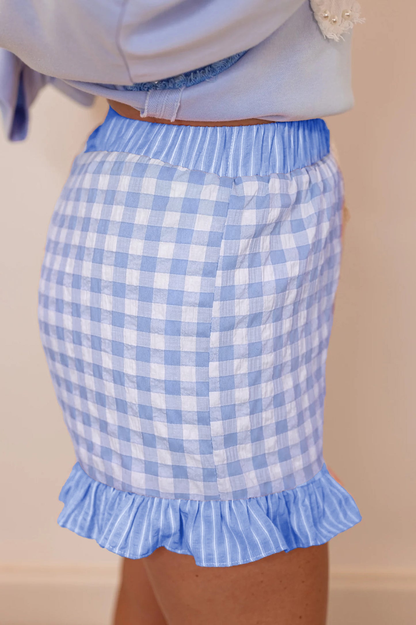 Gingham Print Ruffle Striped Detail Lace Tie Shorts -3 COLOR OPTIONS