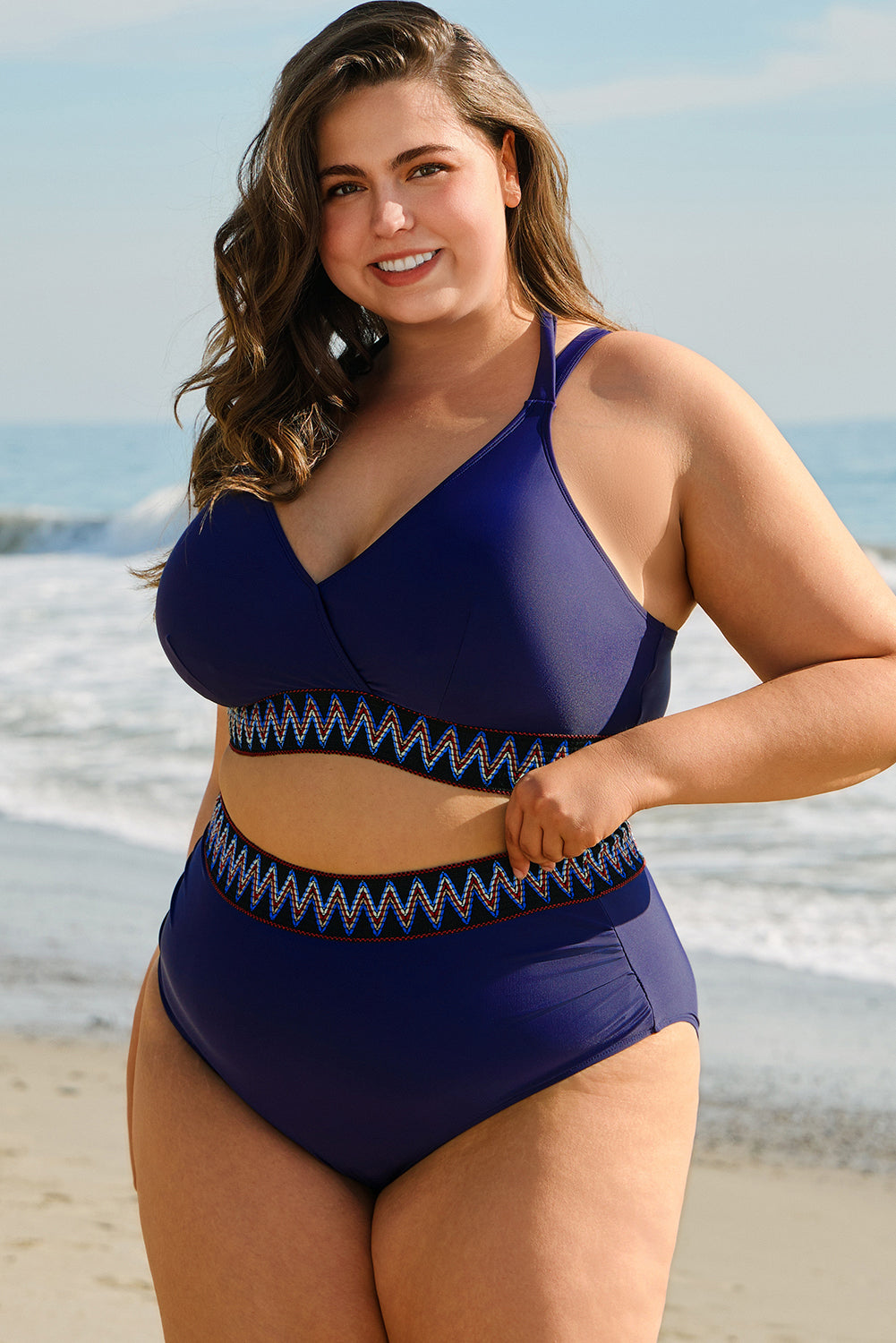PLUS SIZE Navy Blue Embroidered Trim Wrap Tie Knot High Waisted Bikini Set
