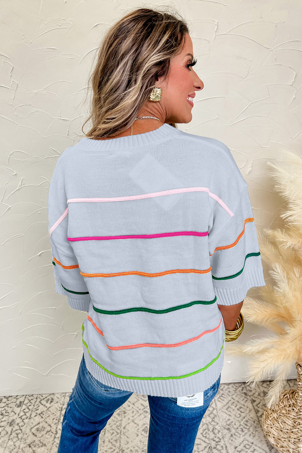 Striped Half Sleeve Drop Shoulder Sweater -3 COLOR OPTIONS