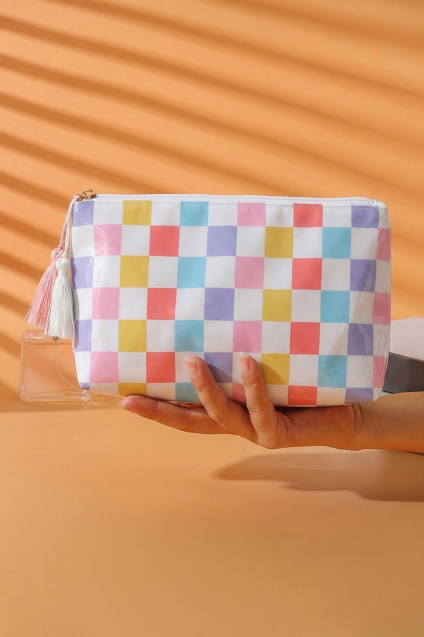 Striped Vinyl Waterproof Tassel Zipper Makeup Bag- 4 COLOR OPTIONS