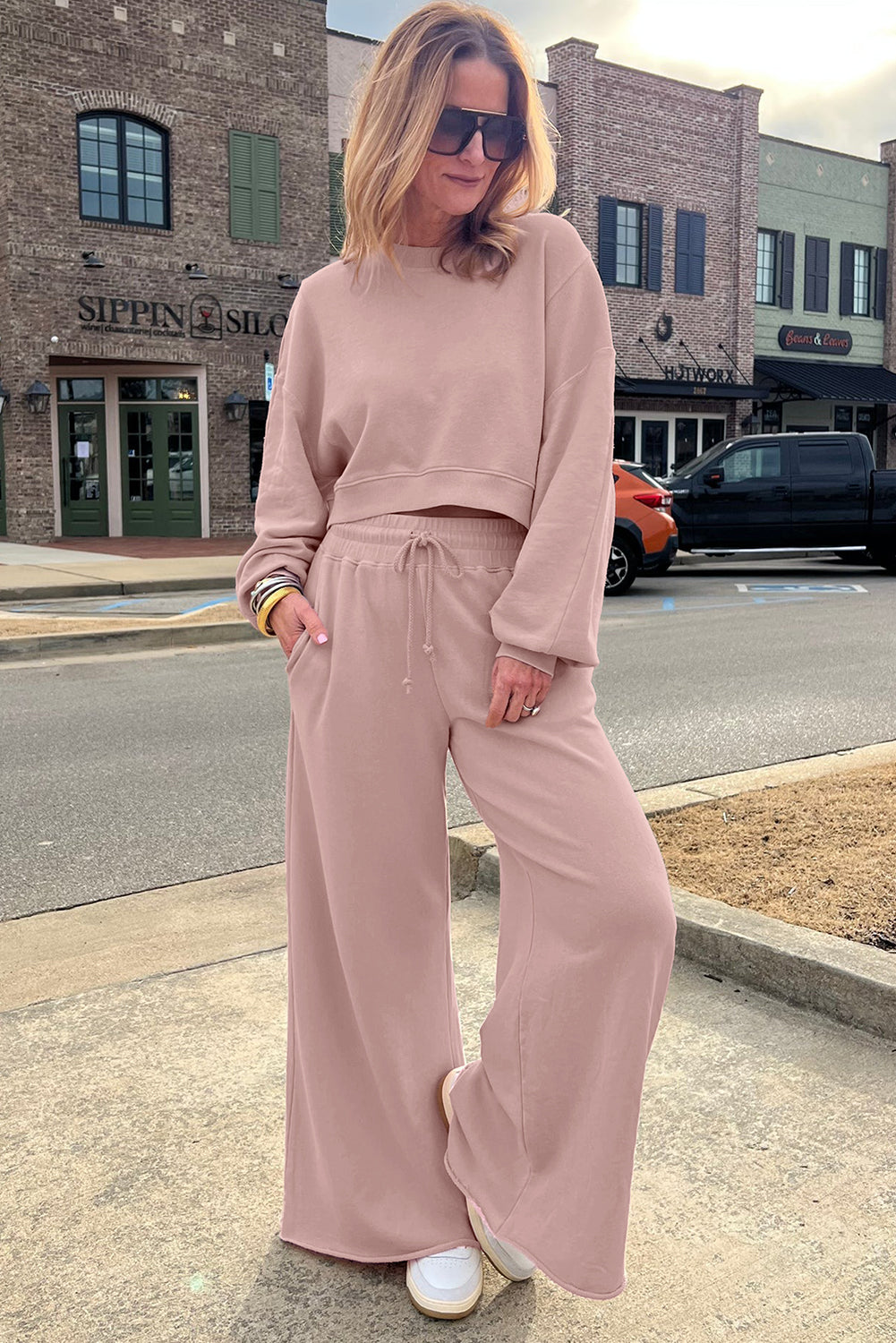 Drop Shoulder Crop Pullover Drawstring Wide Leg Pants Set -3 COLOR OPTIONS