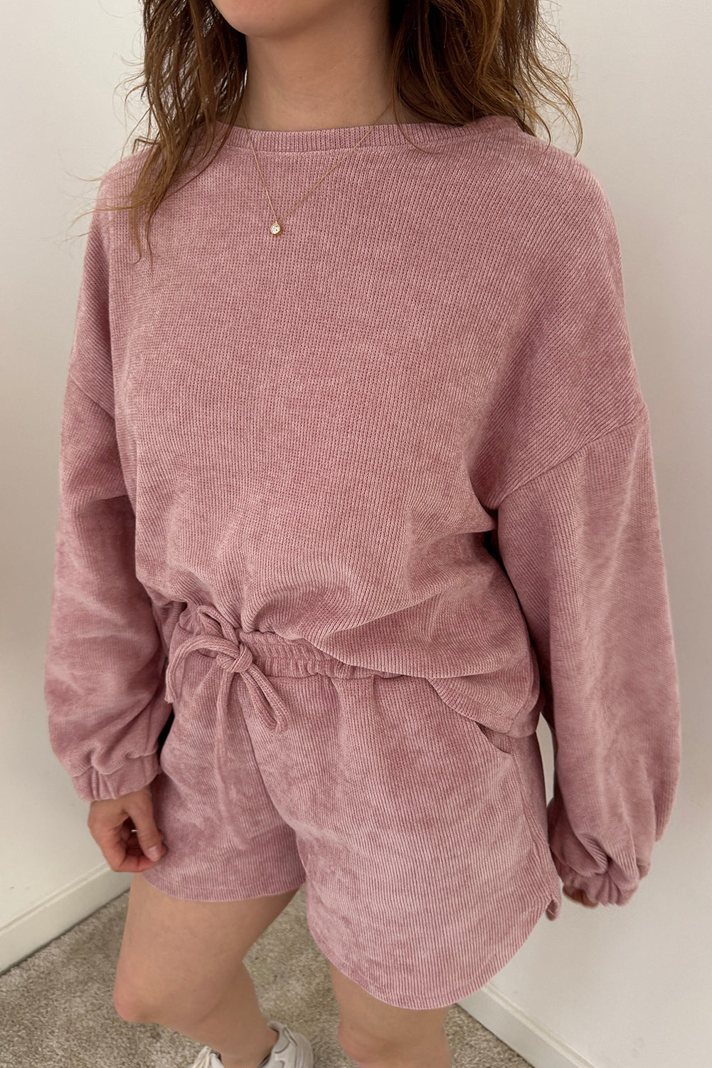Textured Knit Drop Shoulder Pullover Drawstring Shorts Set -4 COLOR OPTIONS