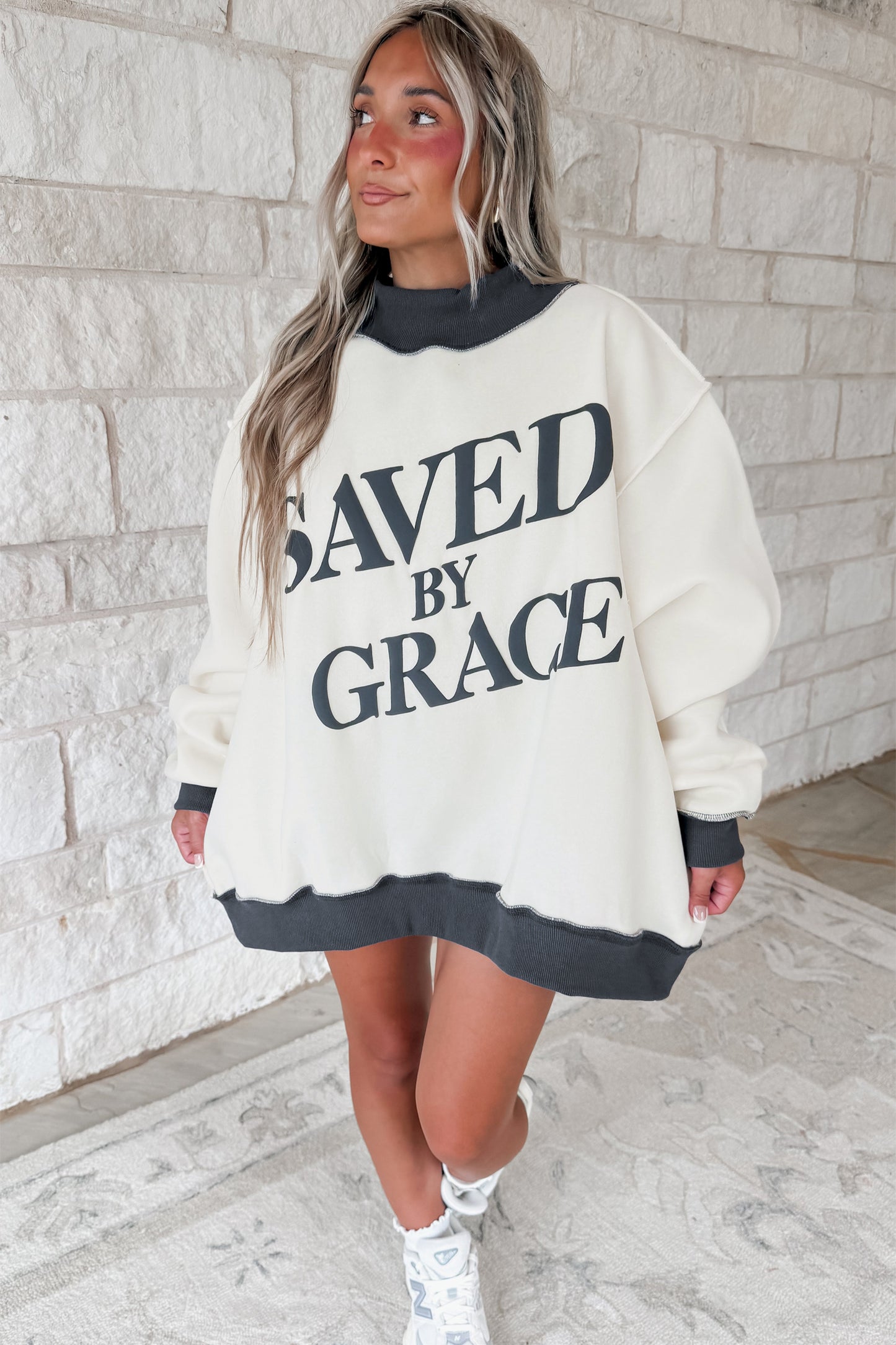 Saved By Grace Print Color Block Mock Neck Oversized Sweatshirt -2 COLOR OPTIONS