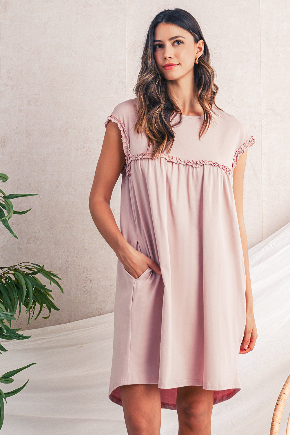 Frilled Trim Crewneck Loose Fit Mini Dress -2 COLOR OPTIONS
