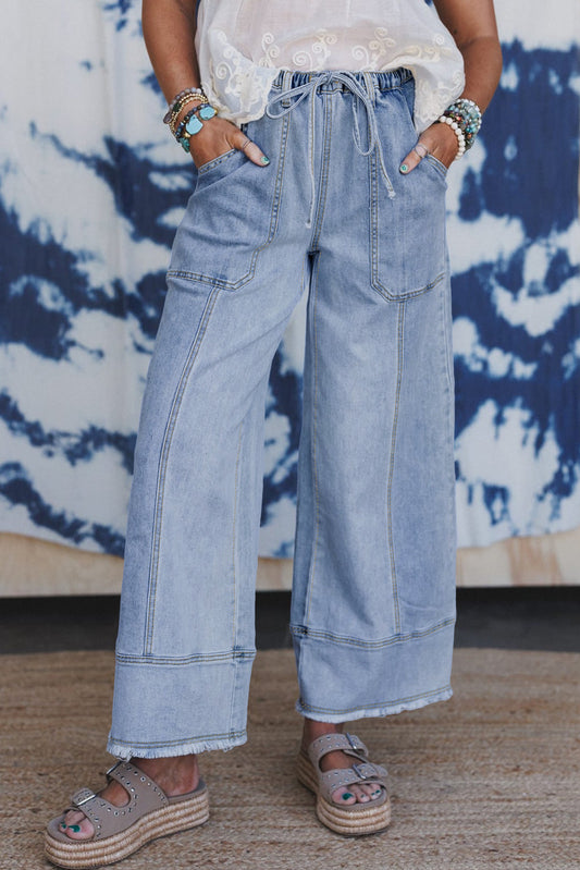 Drawstring Seam Detail Raw Hem Wide Leg Jeans -2 COLOR OPTIONS