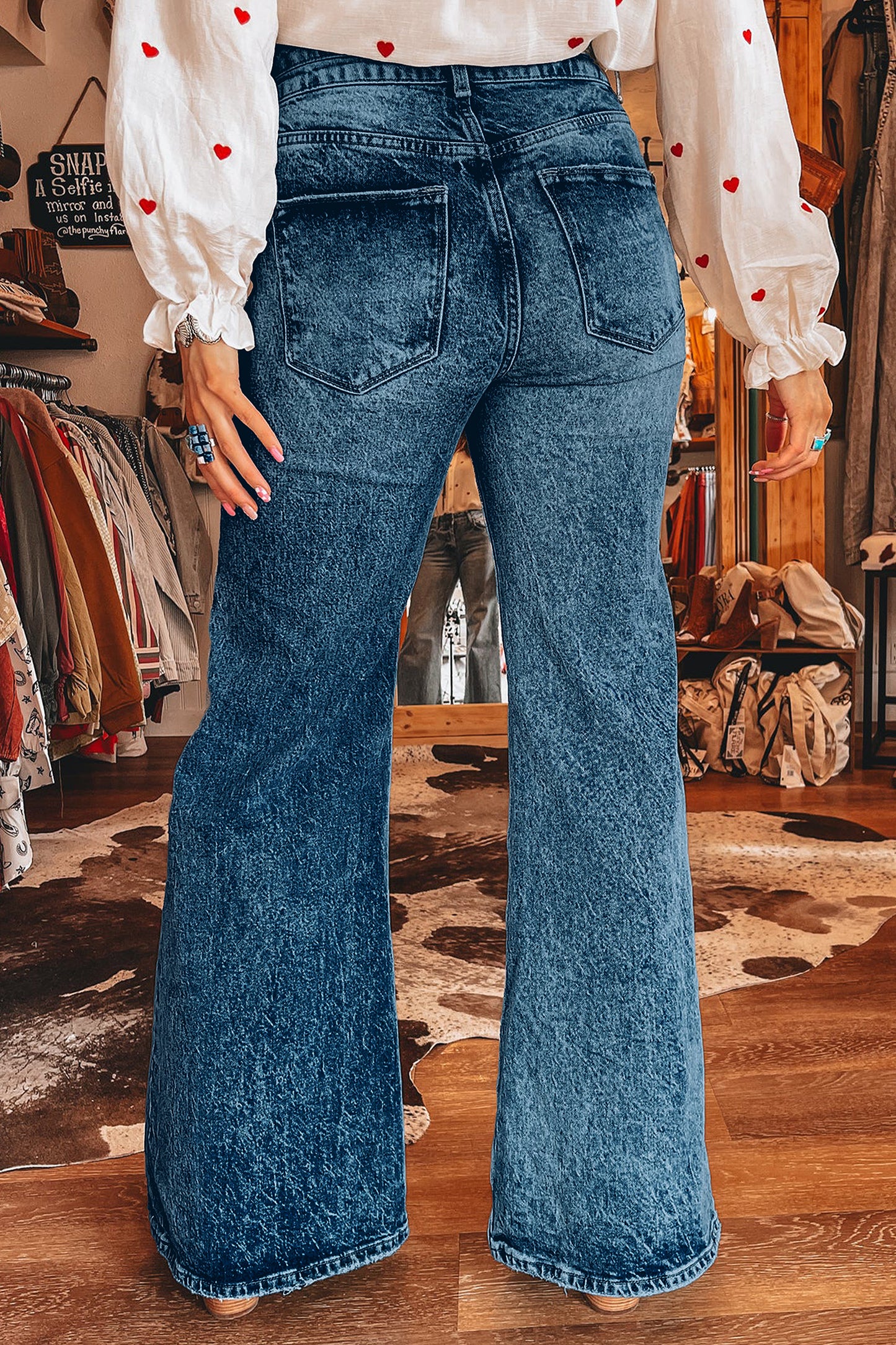 Blue Acid Wash Pocket Detail Flare Jeans -2 COLOR OPTIONS