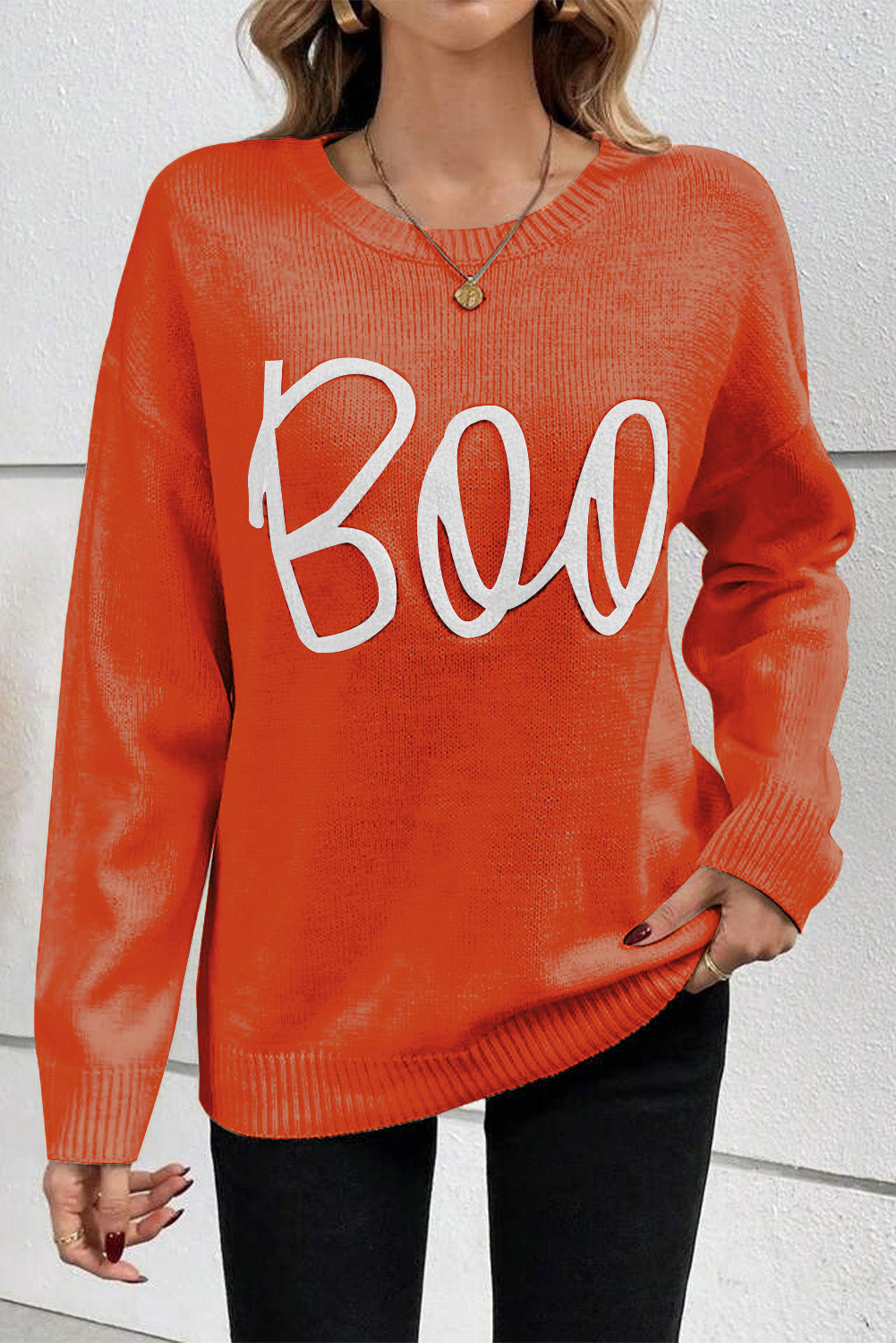 Boo Knitted Pattern Ribbed Edge Drop Shoulder Sweater -2 COLOR OPTIONS