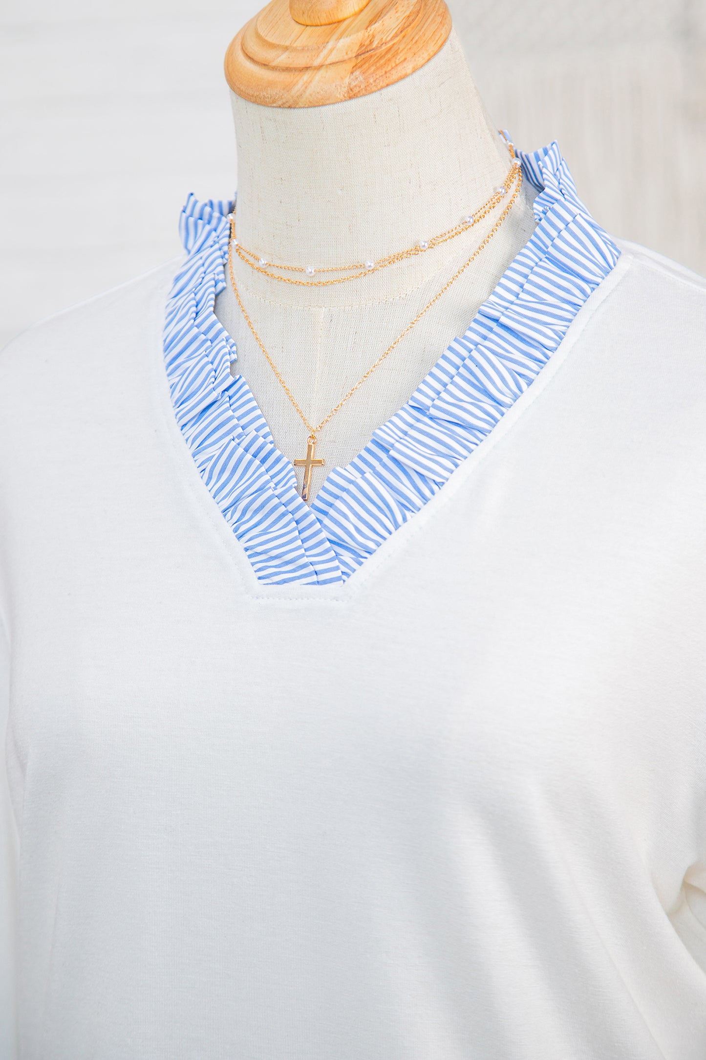 White Striped Patchwork V Neck 3/4 Sleeve Blouse