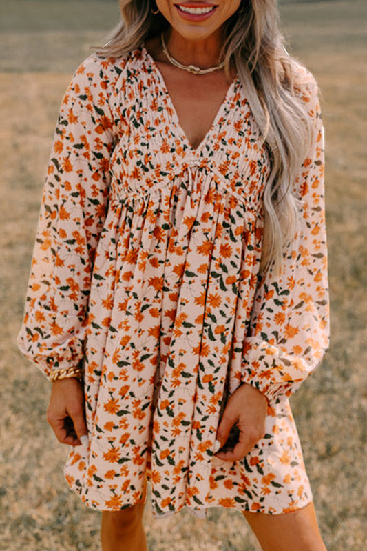 Floral Smocked V Neck Bubble Sleeve Babydoll Dress -2 COLOR  OPTIONS