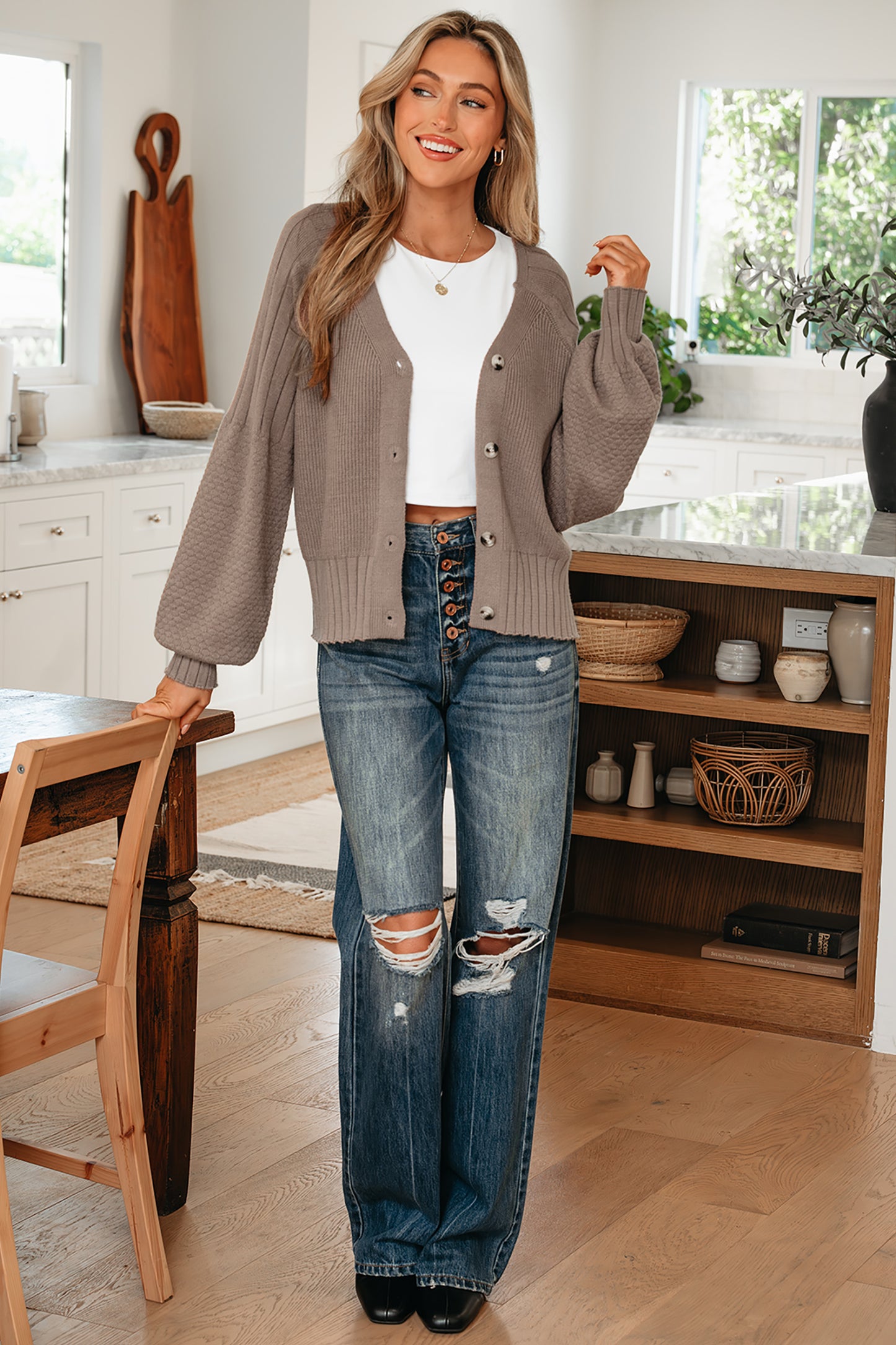 Mixed Texture Knit Button V Neck Sweater Cardigan -2 COLOR OPTIONS