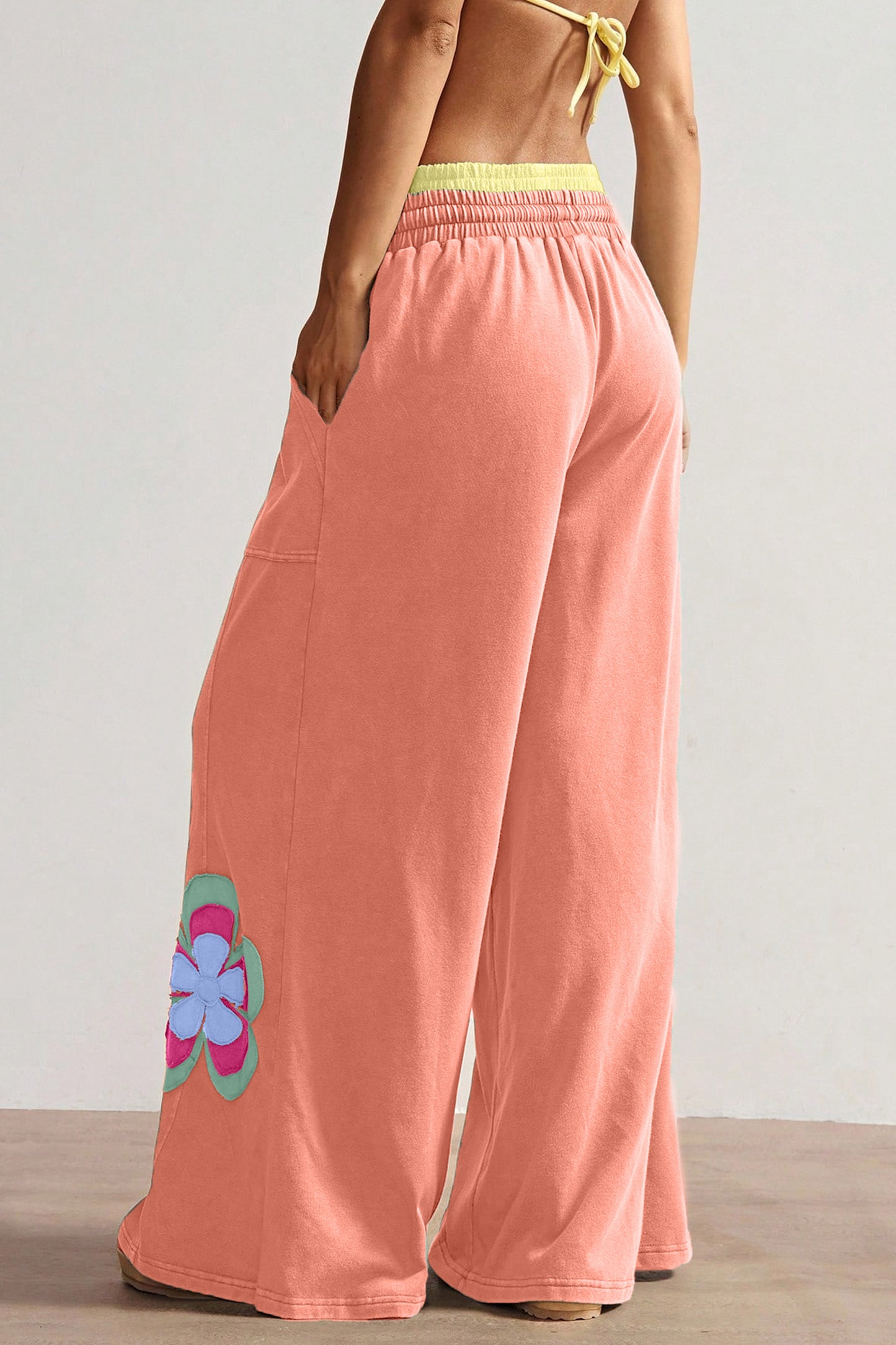 Color Block Flower Patchwork Drawstring Contrasted Elastic Waist Wide Leg Pants - 3 COLOR OPTIONS