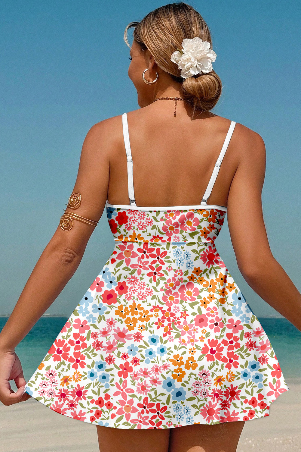 Floral Print Ricrac Trim Spaghetti Strap One Piece Swim Dress -2 COLOR OPTIONS