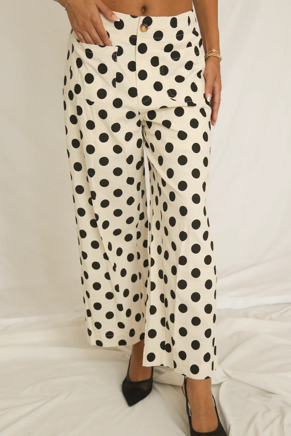 Polka Dot Print Patched Pocket Mid-rise Straight Leg Pants- 4 COLOR OPTIONS