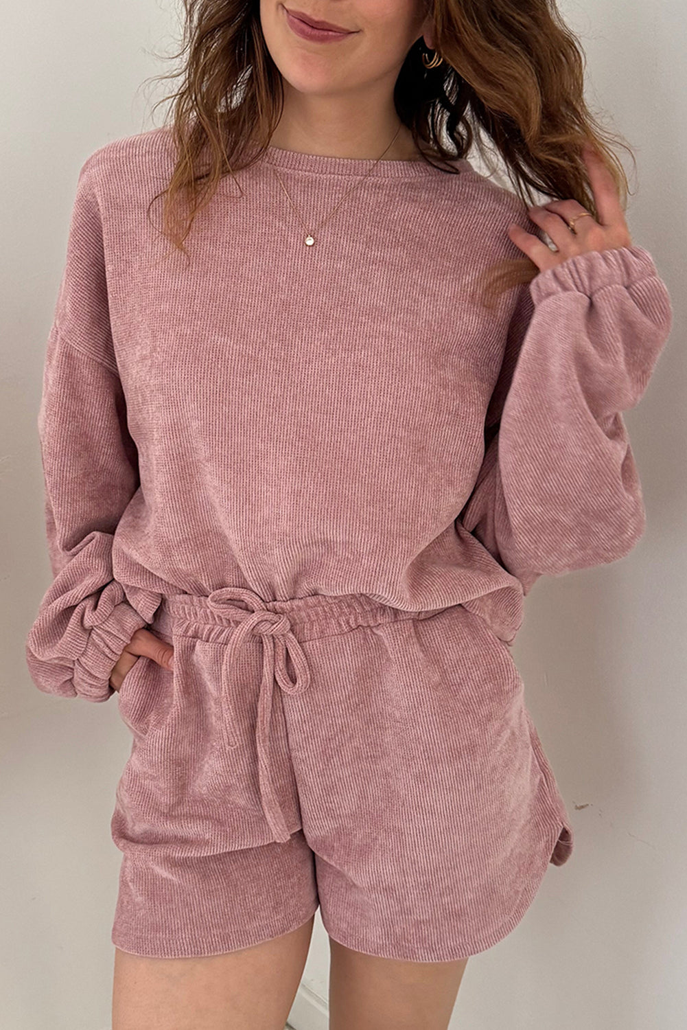 Textured Knit Drop Shoulder Pullover Drawstring Shorts Set -4 COLOR OPTIONS