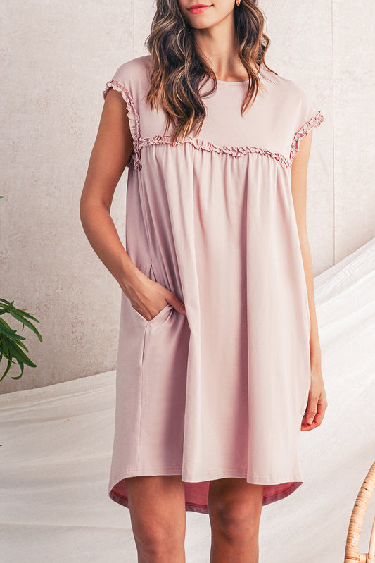 Frilled Trim Crewneck Loose Fit Mini Dress -2 COLOR OPTIONS