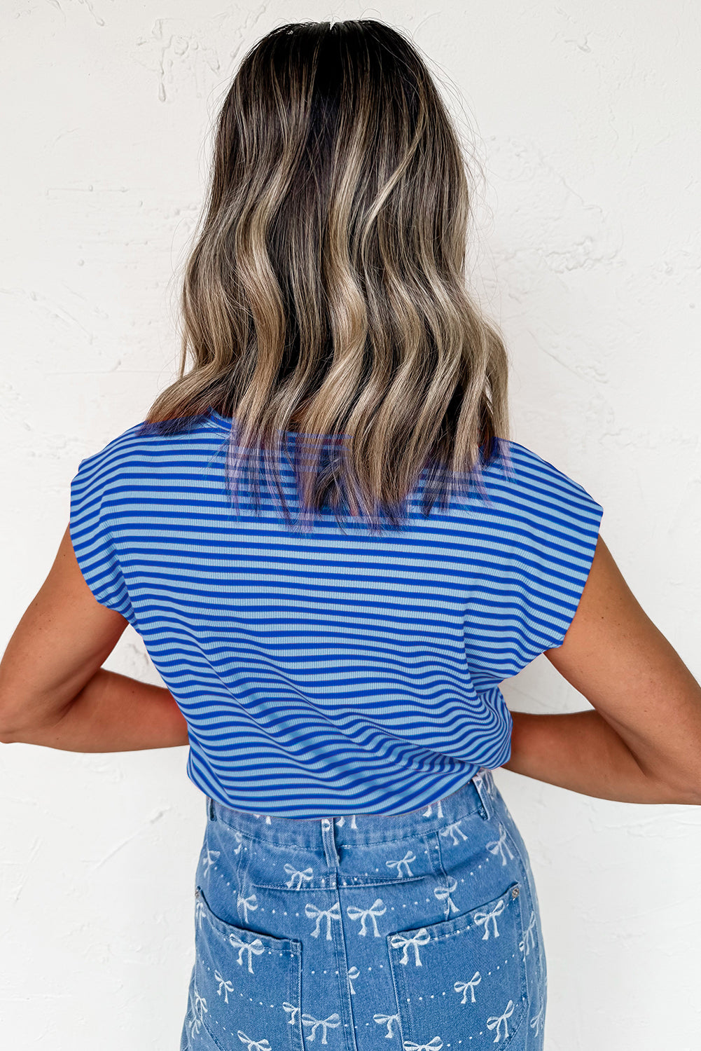 Stripe Ribbed Cap Sleeve Round Neck T Shirt -2 COLOR OPTIONS