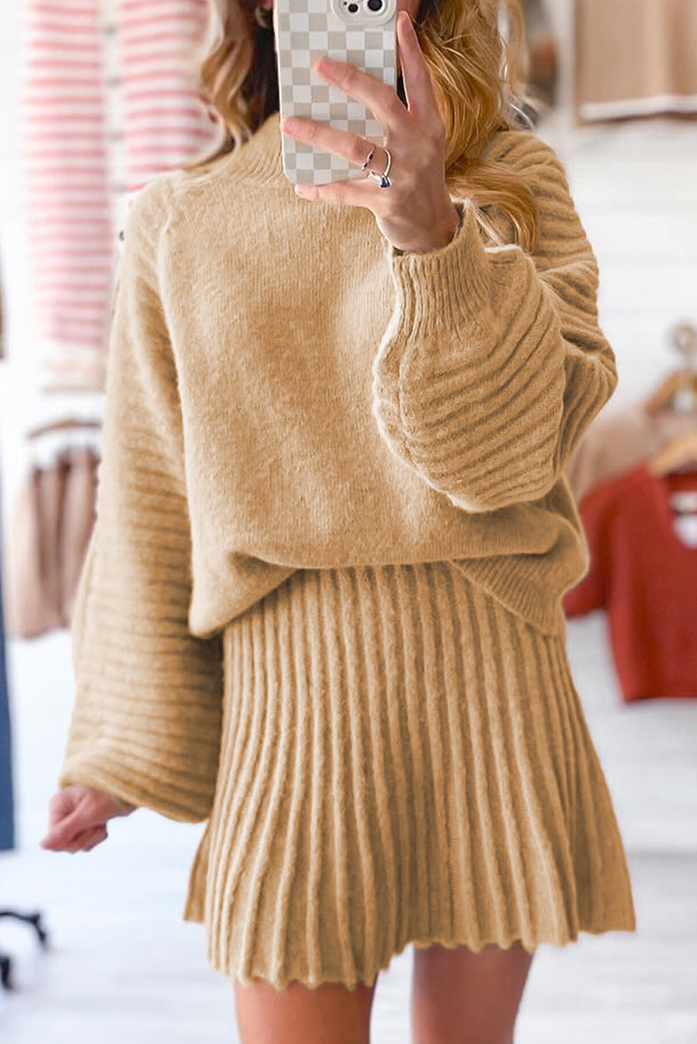 Lantern Sleeve Sweater Pleated Knitted Mini Skirt Set