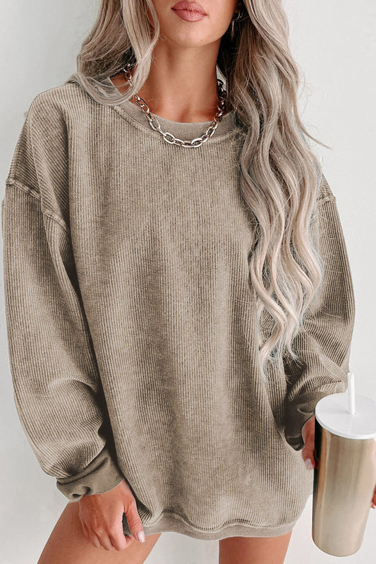 Solid Ribbed Round Neck Pullover Sweatshirt -Variety of Colors