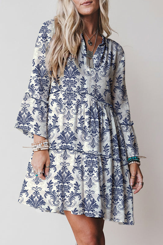 Boho Floral Print Lettuce Trim 3/4 Sleeve Mini Dress- 3 COLOR OPTIONS