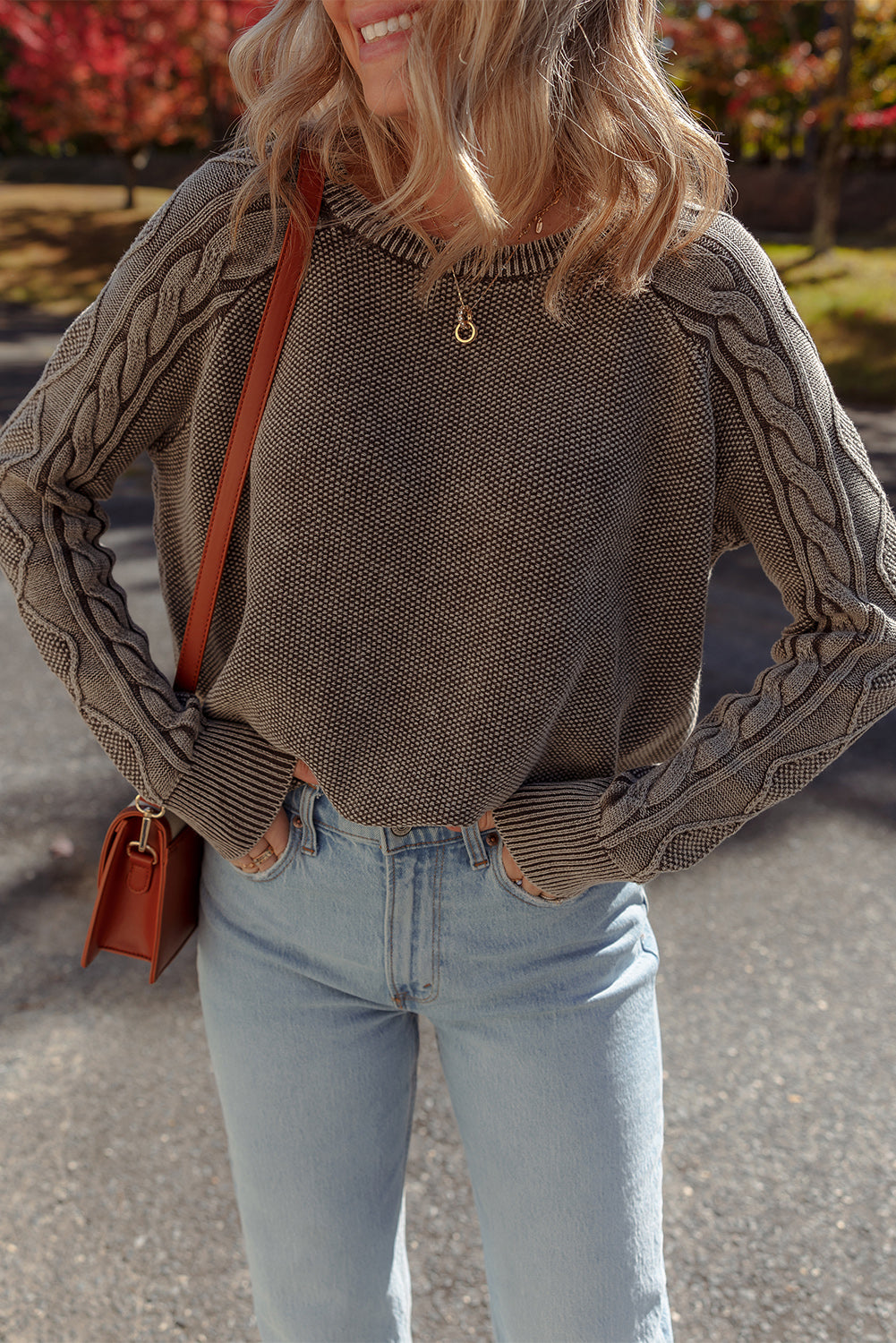 WAREHOUSE SALE -Dark Brown Cable Knit Raglan Sleeve Casual Sweater