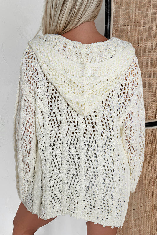 White Fashion Open Knit Hooded Beach Cover Up