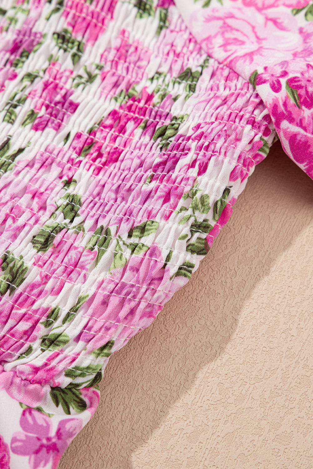 Pink Floral Smocked Puff Sleeve Flowy Midi Dress