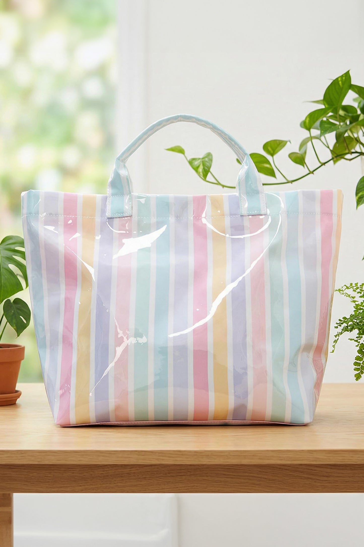 Rainbow Glossy Striped Vinyl Large Tote Bag -8 COLOR OPTIONS