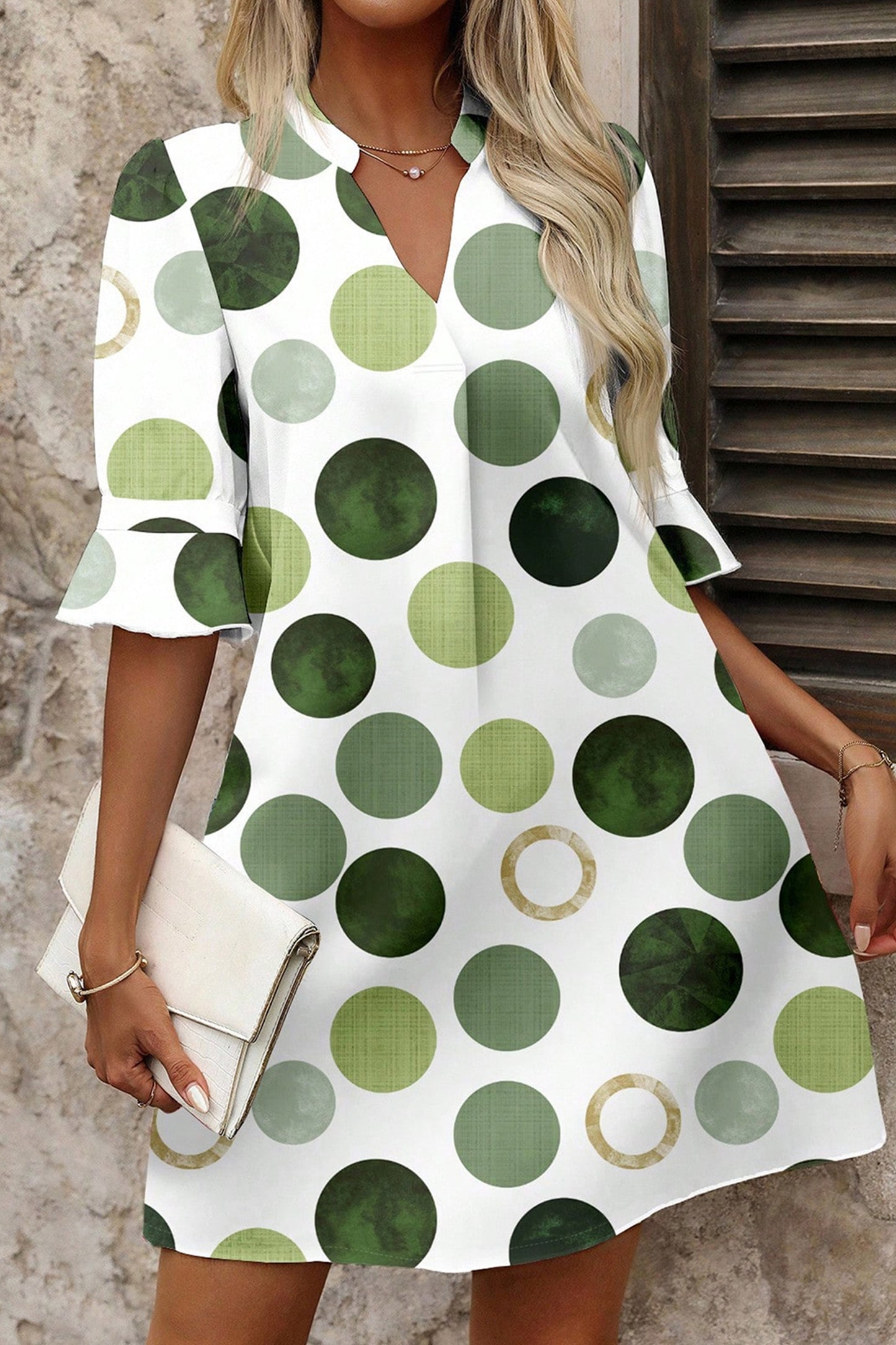 Pinched V Neck Polka Dot Print Casual Vacation Style Mini Dress- 2 COLOR OPTIONS