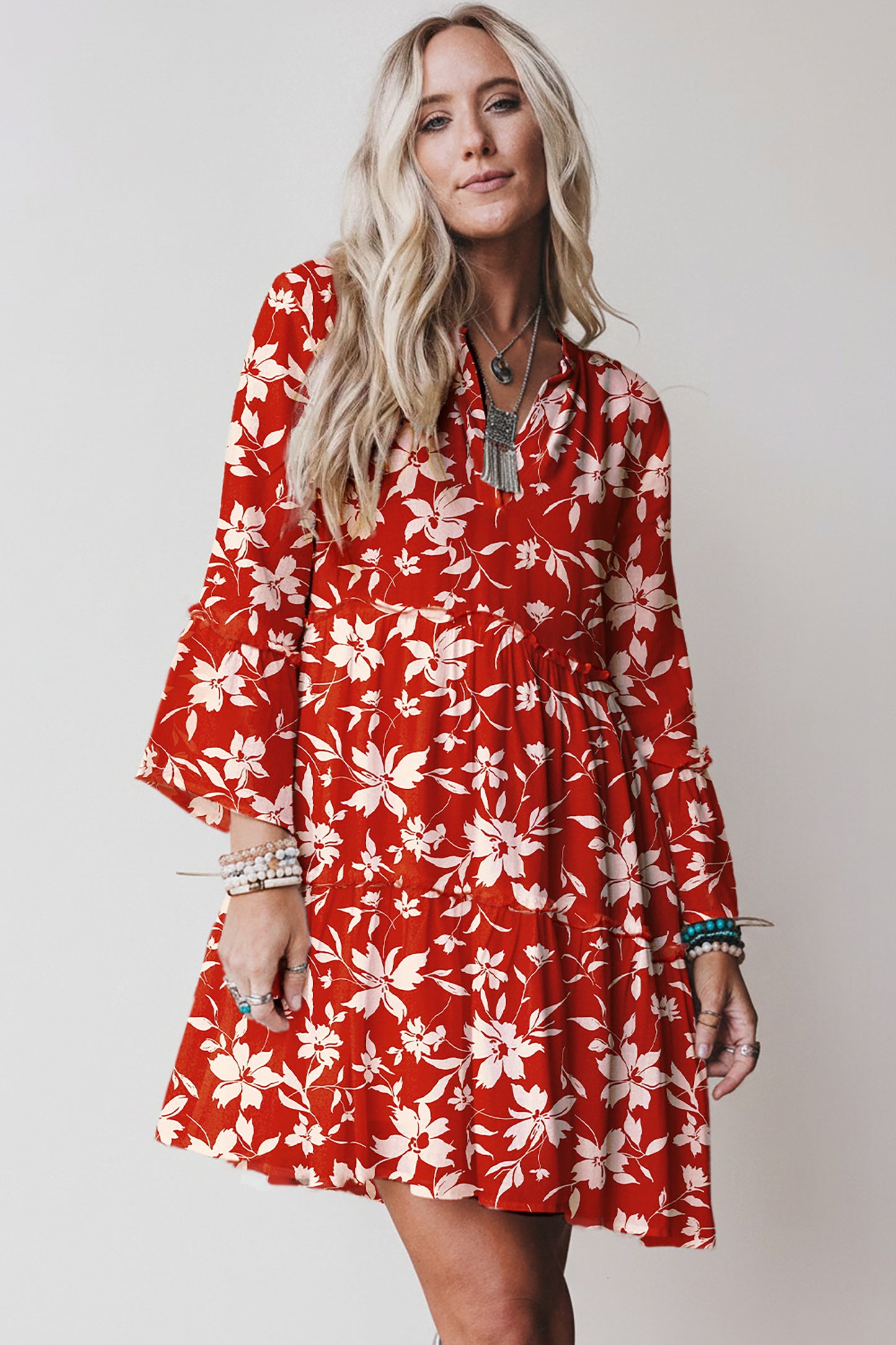 Boho Floral Print Lettuce Trim 3/4 Sleeve Mini Dress- 3 COLOR OPTIONS