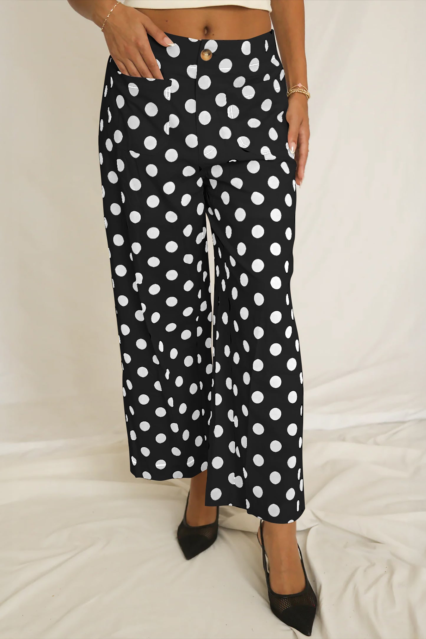 Polka Dot Print Patched Pocket Mid-rise Straight Leg Pants- 4 COLOR OPTIONS