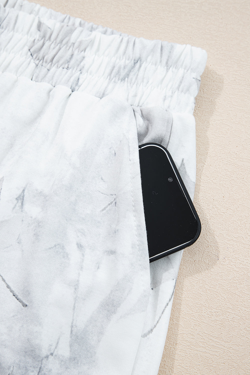 Beige Maple Camo Print Pullover Top and Elastic Waist Casual Short Set