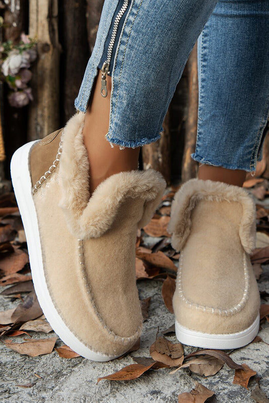 Suede Stitching Patchwork Plush Lined Anklet Boots -3 COLOR OPTIONS