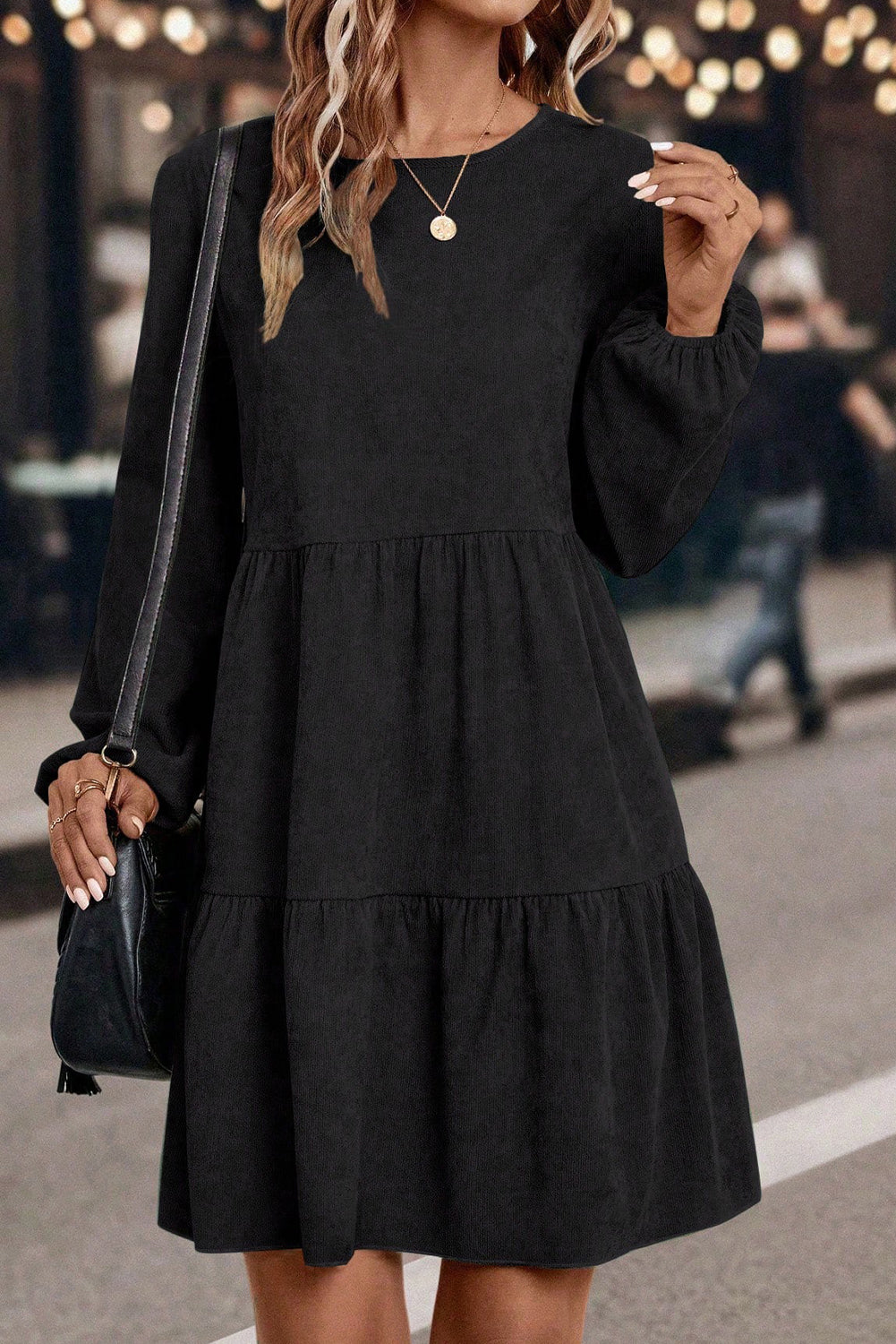 Lantern Sleeve Tiered Mini Dress -3 COLOR OPTIONS