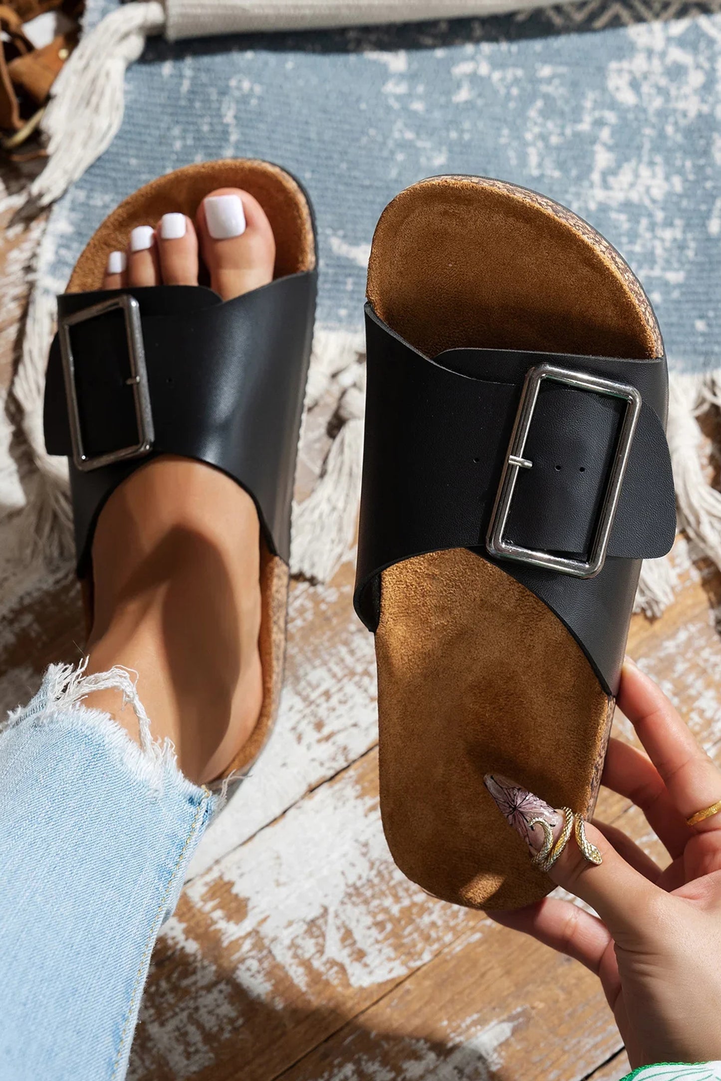 Retro Geometric Print Buckle Strap Flat Slippers -2 COLOR OPTIONS