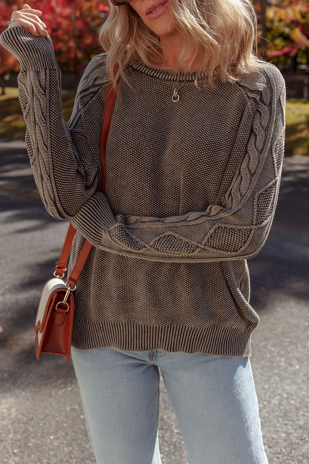 WAREHOUSE SALE -Dark Brown Cable Knit Raglan Sleeve Casual Sweater