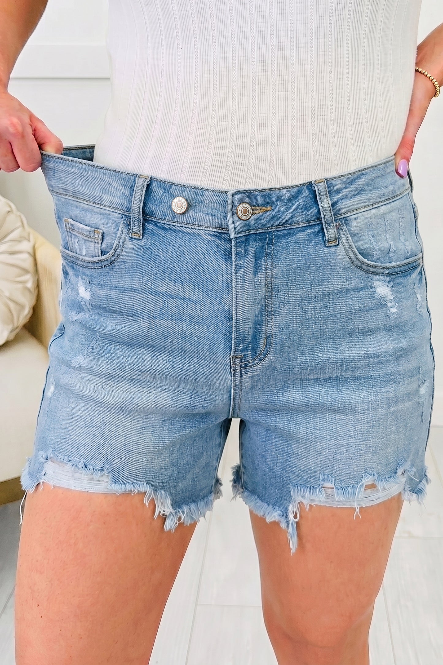 Asymmetric Raw Hem Distressed Whiskery Denim Shorts -2 COLOR OPTIONS