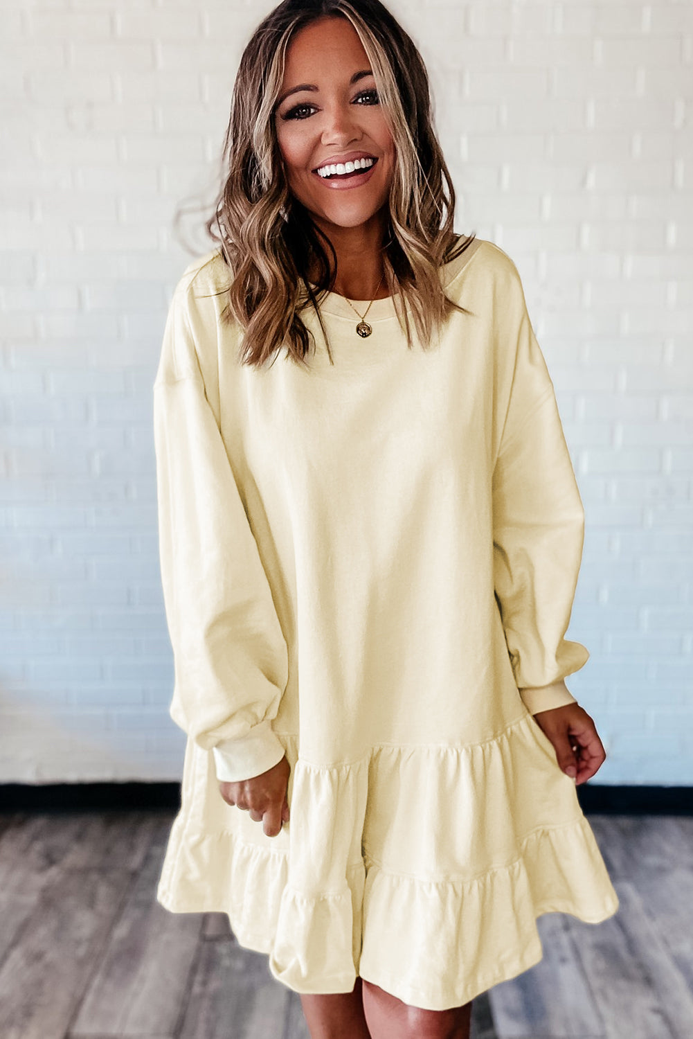 Double Tiered Ruffle Hem Long Sleeve Loose Mini Dress