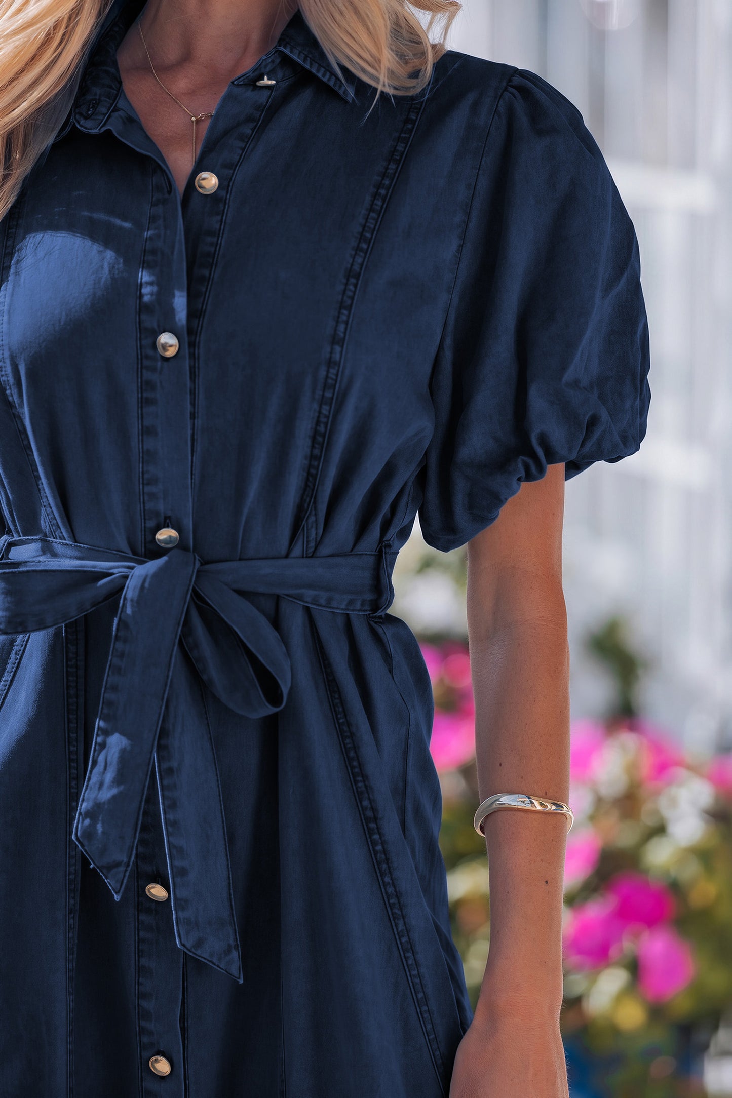 Sail Blue Full Buttons Collared Short Bubble Sleeve Long Denim Dress -2 COLOR OPTIONS
