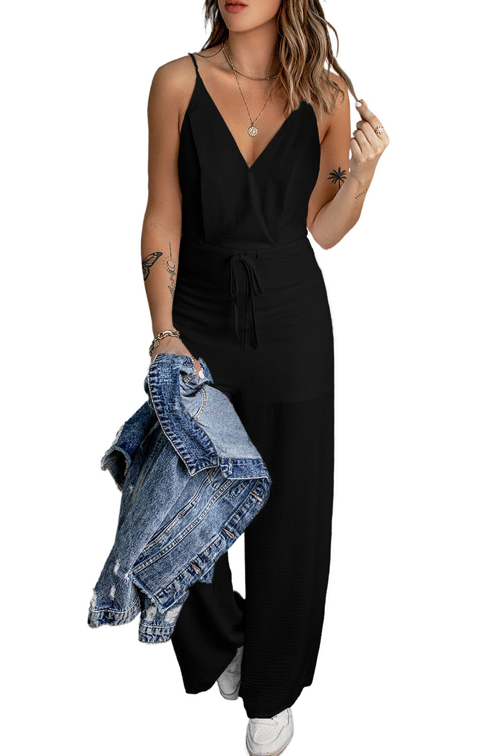 Black Solid Spaghetti Strap Wide Leg Drawstring High Waist Jumpsuit