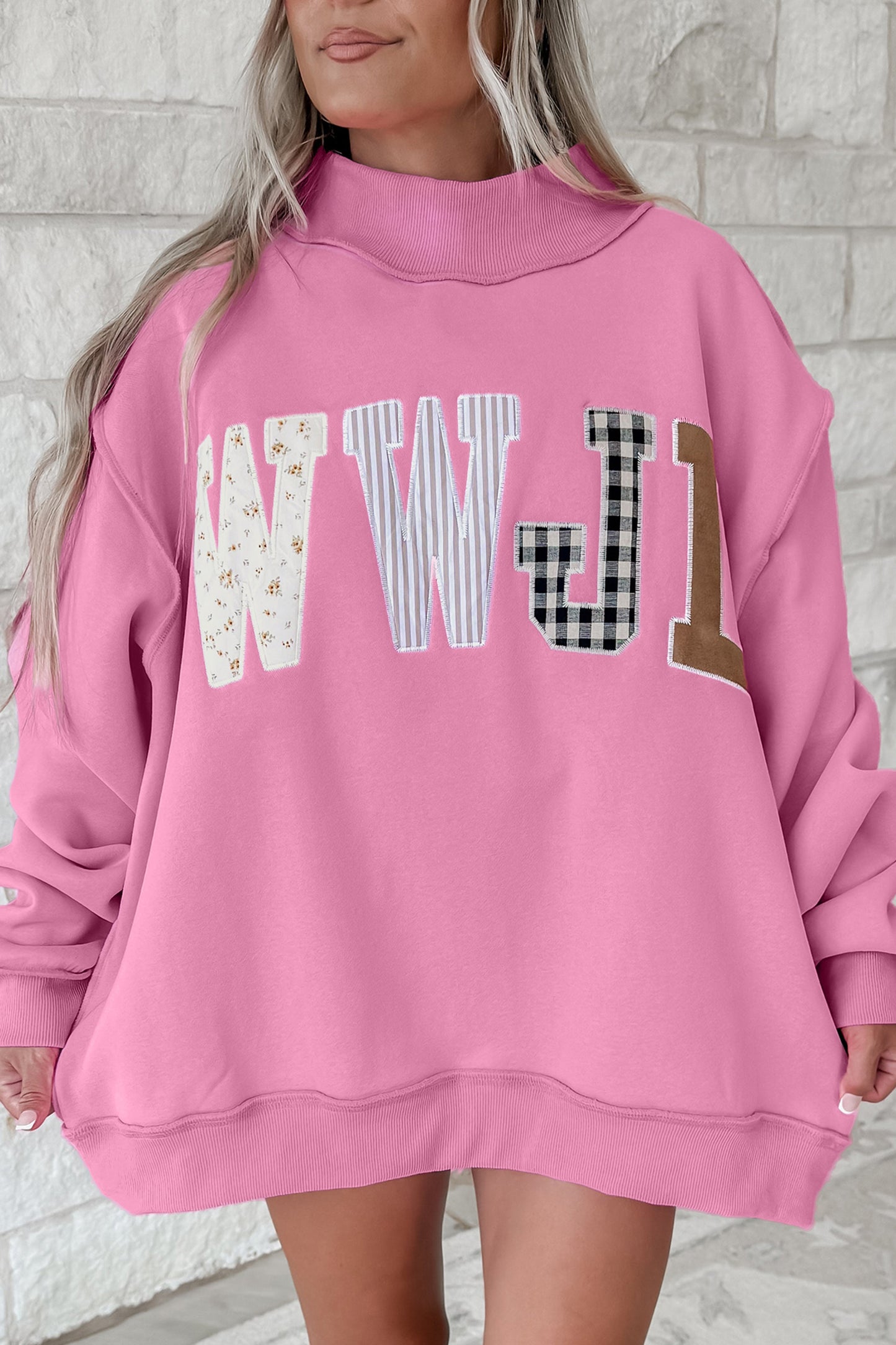WWJD Mixed Pattern Embroidered Patch Graphic Mock Neck Sweatshirt -3 COLOR OPTIONS