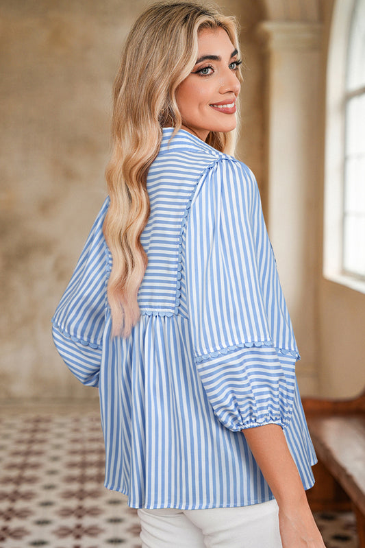 Sky Blue Striped Ric Rac Trim Collared V Neck Blouse